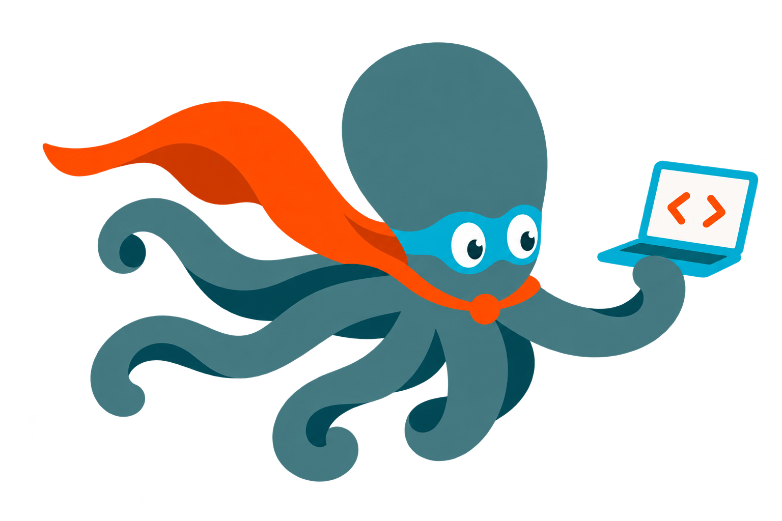 Navitia octopus superhero holding a laptop